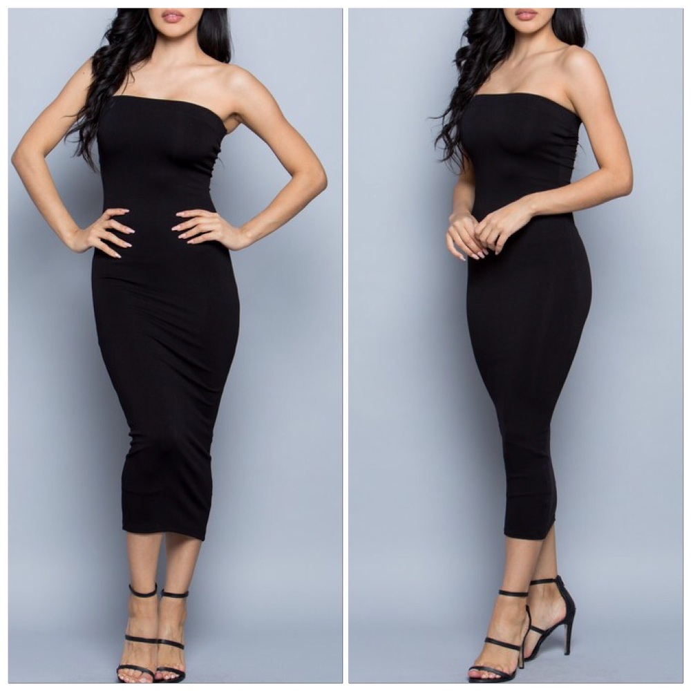 🆕Black Strapless Tube Fitted Maxi Like Midi Dress